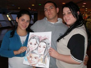 Three people holding their caricature