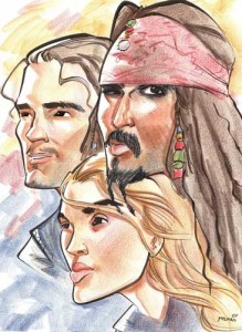 Caricature of Orlando Bloom, Kiera Knightley, and Johnny Depp from "Pirates of the Caribbean."