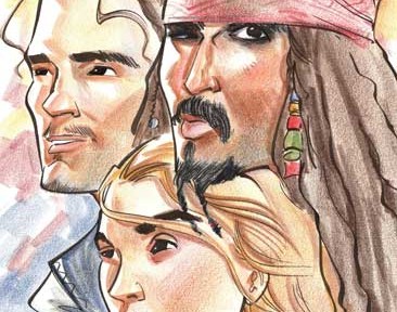 Caricature of Orlando Bloom, Kiera Knightley, and Johnny Depp from "Pirates of the Caribbean."