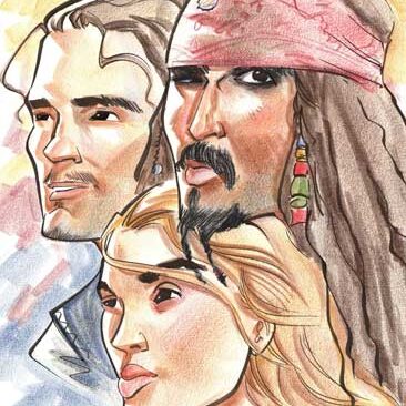 Caricature of Orlando Bloom, Kiera Knightley, and Johnny Depp from "Pirates of the Caribbean."