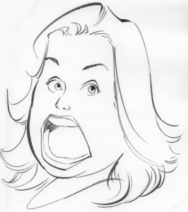 A line drawing caricature of Rosie O'Donnell