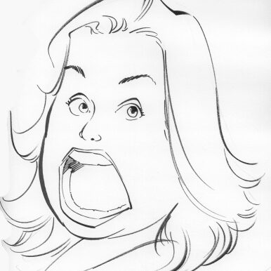 A line drawing caricature of Rosie O'Donnell