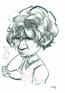 A black and white caricature of Martin Freeman as Bilbo Baggins