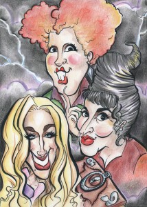 A caricature of the leading actors in Hocus Pocus drawn by Dominique Chavira