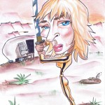 Caricature of Uma Thurman as Beatrix Kiddo in Kill Bill