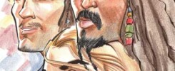 Caricature of Orlando Bloom, Kiera Knightley, and Johnny Depp from "Pirates of the Caribbean."