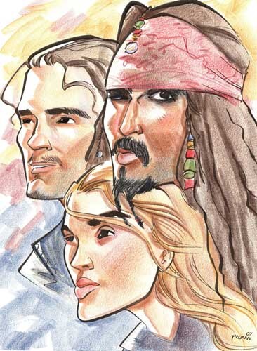 Caricature of Orlando Bloom, Kiera Knightley, and Johnny Depp from "Pirates of the Caribbean."