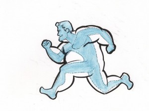 a drawing of a fat man running with a thin man imposed over.