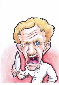 Caricature of Gordon Ramsay as an angry guy wielding a knife