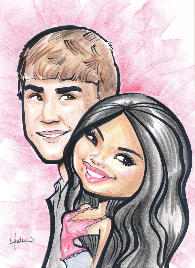 A cartoon of Justin Bieber and Selena Gomez