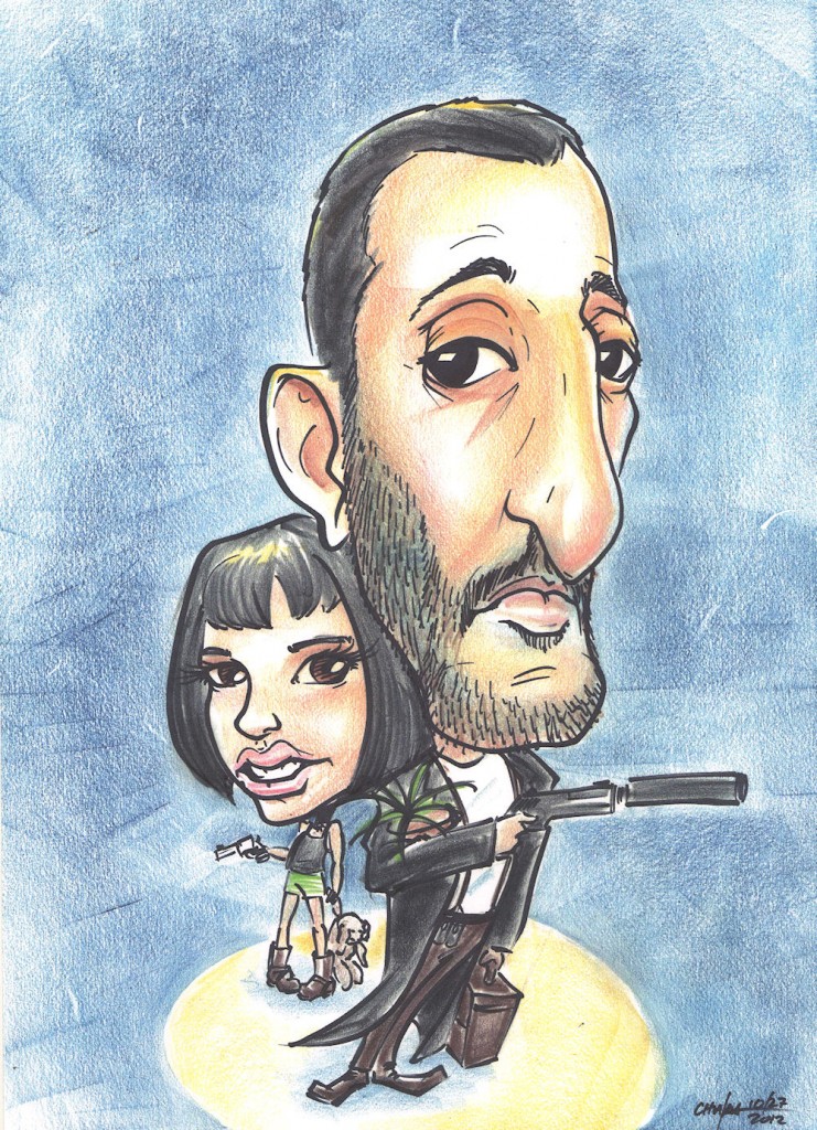 Caricature of Jean Reno as Leon the Professional, with natalie portman