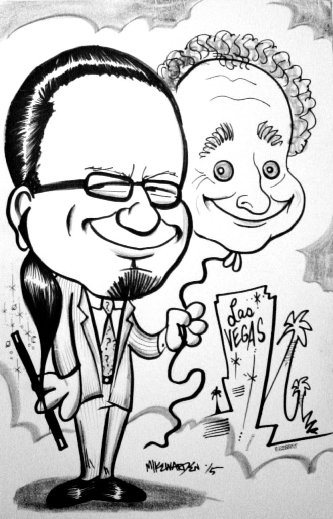 a caricature of comedy magicians Penn and Teller by Mike Warden